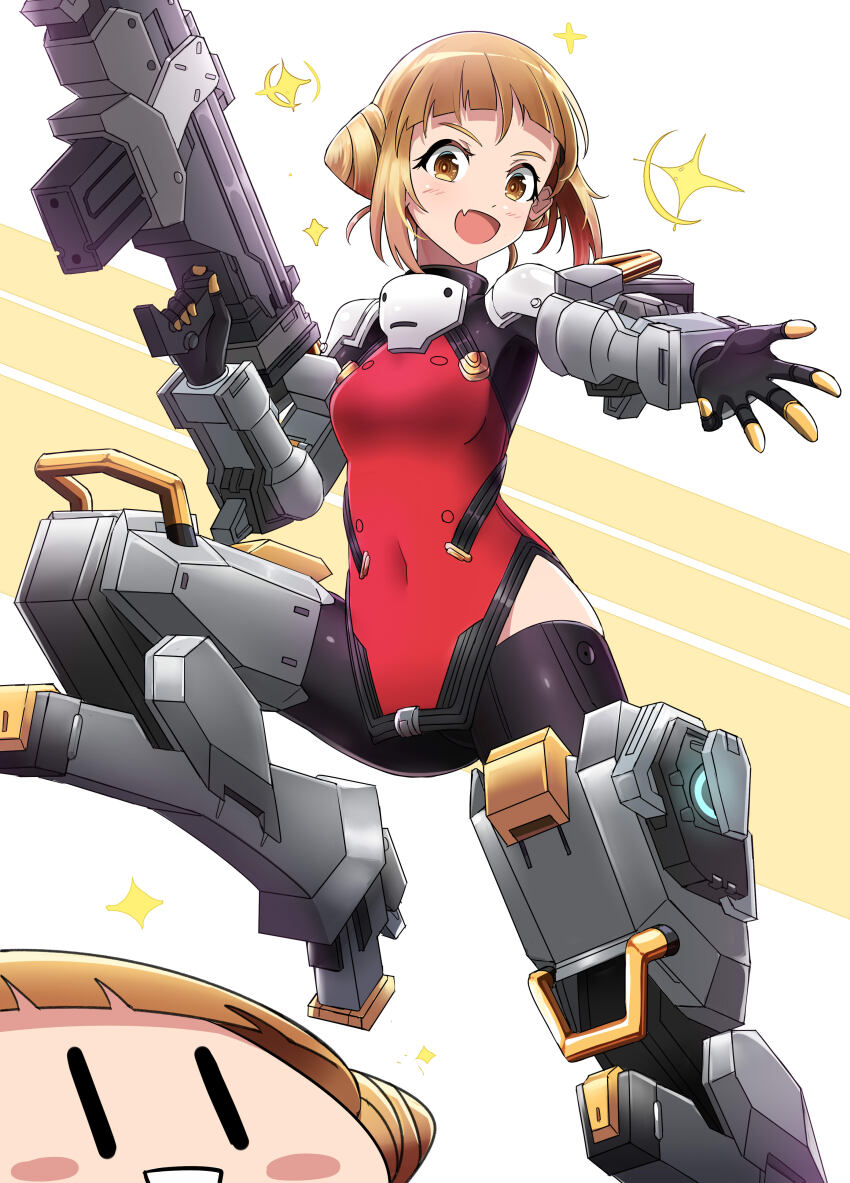 1girl absurdres alice_gear_aegis blonde_hair bodysuit breasts covered_navel gloves gun hair_bun highres holding holding_gun holding_weapon looking_at_viewer mecha_musume mechanical_legs mechabare red_bodysuit short_hair small_breasts smile solo standing sudhiro_sappurisa takahata_nodoka weapon
