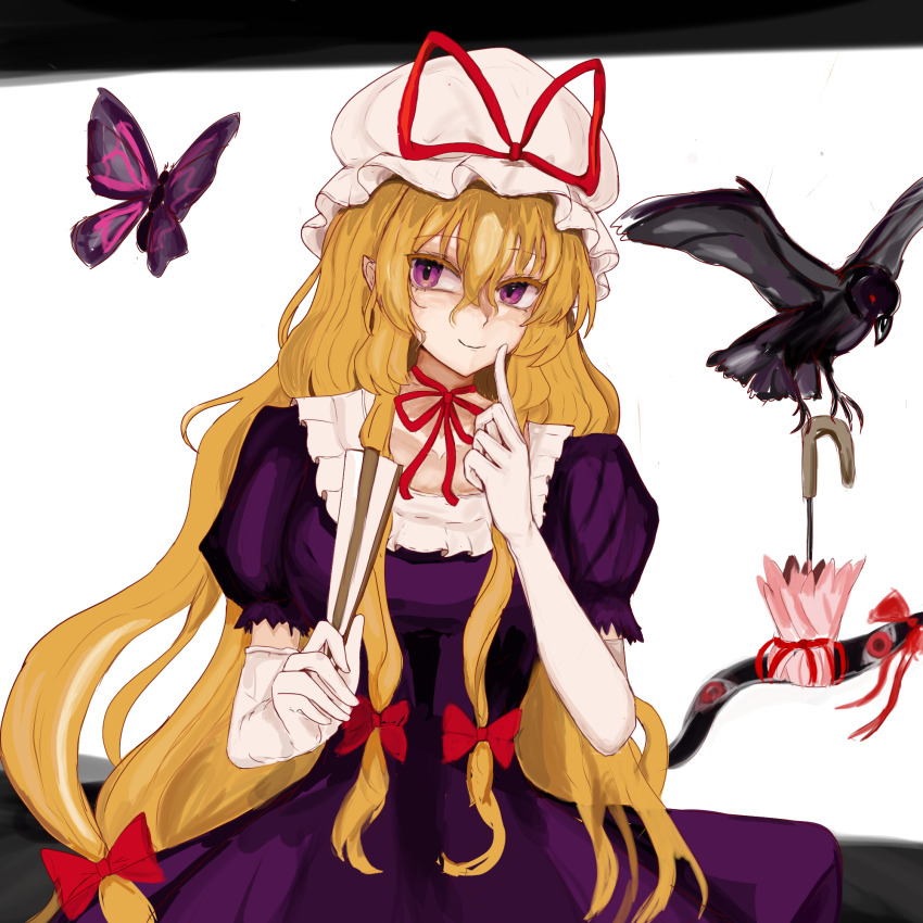1girl 83mkneinlsqmebq bird blonde_hair bug butterfly crow dress elbow_gloves finger_to_cheek folded_fan folding_fan frills gap_(touhou) gloves hair_between_eyes hair_ribbon hand_fan hat highres holding holding_fan insect long_hair mob_cap purple_dress purple_eyes ribbon short_sleeves smile solo touhou umbrella upper_body white_background white_gloves yakumo_yukari