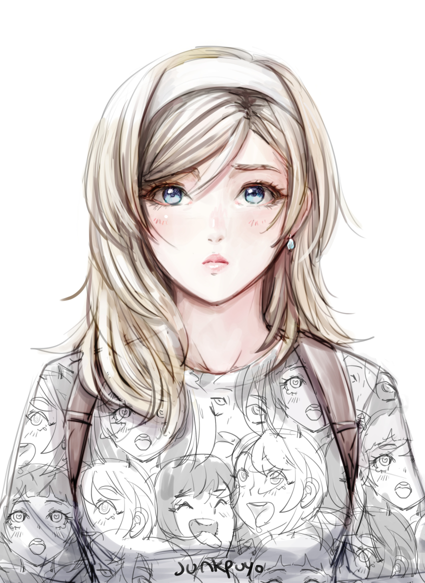 1girl absurdres ahegao ahegao_pattern blonde_hair blue_eyes closed_mouth commentary_request earrings end_of_eternity eyelashes hairband highres jewelry junkpuyo lips long_eyelashes long_hair looking_at_viewer meme_attire pink_lips reanbell signature simple_background single_earring solo straight-on upper_body white_background white_hairband