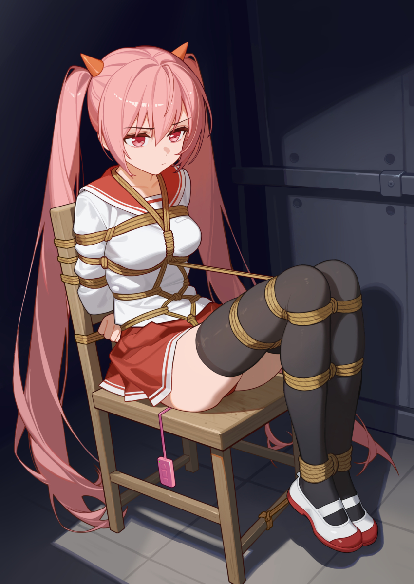 1girl absurdres bdsm black_thighhighs blindfold bondage bound bound_arms bound_legs breasts chinese_commentary commentary_request crotch_rope egg_vibrator hidan_no_aria highres horns kanzaki_h._aria long_hair looking_to_the_side mirrorya on_chair pink_hair pleated_skirt red_eyes red_skirt restrained sailor sailor_collar school_uniform sex_toy shibari shoes skirt small_breasts thighhighs translation_request twintails very_long_hair vibrator zettai_ryouiki