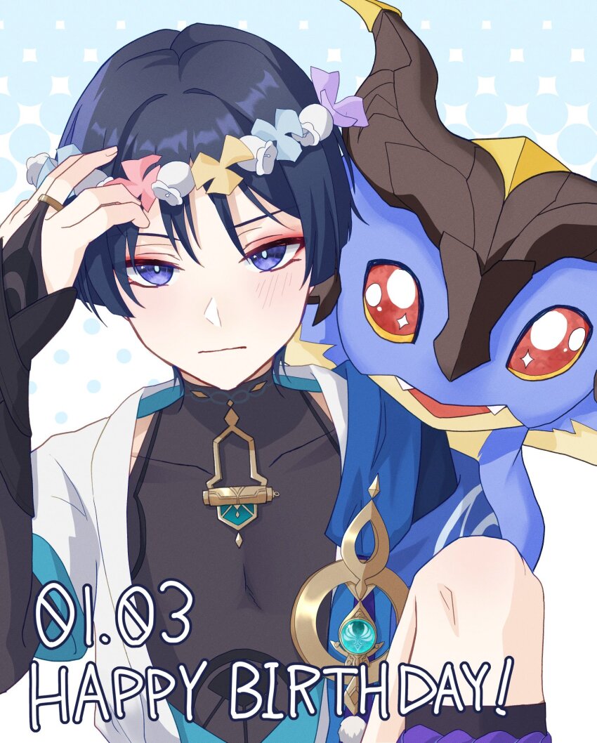 1boy anemo_symbol_(genshin_impact) aqua_gemstone armor black_bodysuit black_bridal_gauntlets black_hair blue_cape blue_pupils blue_sleeves blunt_ends blush bodysuit bridal_gauntlets cape closed_mouth covered_collarbone dated dragon eyeliner eyeshadow fingernails flower_wreath genshin_impact gold_ring hand_up happy_birthday highres japanese_armor knee_up kote kurokote layered_sleeves looking_at_viewer makeup male_focus middle_ring mini_durin_(genshin_impact) pom_pom_(clothes) purple_eyes purple_rope red_eyeliner red_eyeshadow ringed_eyes rope saigawa_genshin scaramouche_(genshin_impact) short_sleeves shoulder_peek small_dragon tsurime turtleneck turtleneck_bodysuit upper_body vision_(genshin_impact) wanderer_(genshin_impact) white_sleeves white_trim wispy_bangs