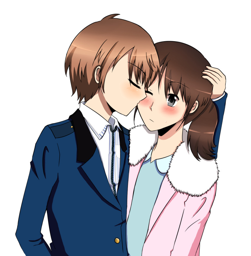 1boy 1girl blonde_hair brown_eyes highres katou_yakumo kissing_cheek liutian1029 momochi_kasumi shuriken_sentai_ninninger super_sentai