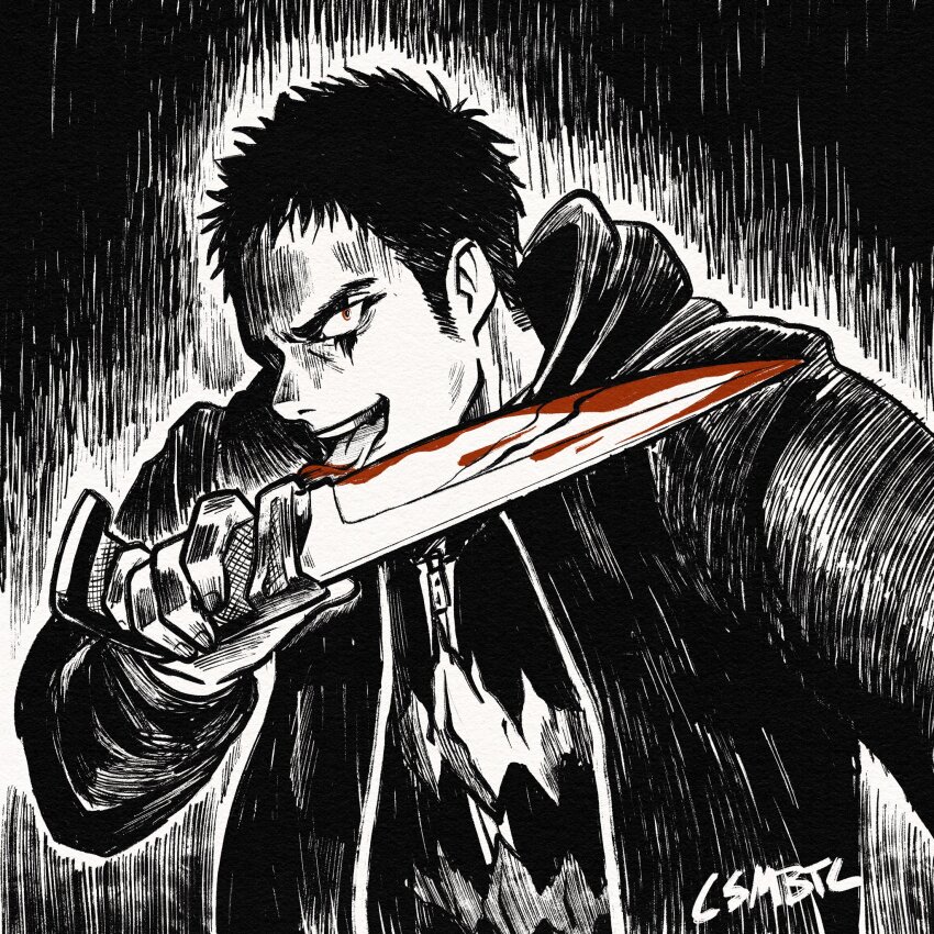 1boy blood blood_on_tongue bloody_knife coat commentary csmbtc dorohedoro english_commentary greyscale highres kai_(dorohedoro) knife licking licking_blade licking_weapon looking_at_viewer male_focus monochrome red_eyes short_hair sideburns solo spot_color tongue tongue_out weapon zipper_pull_tab