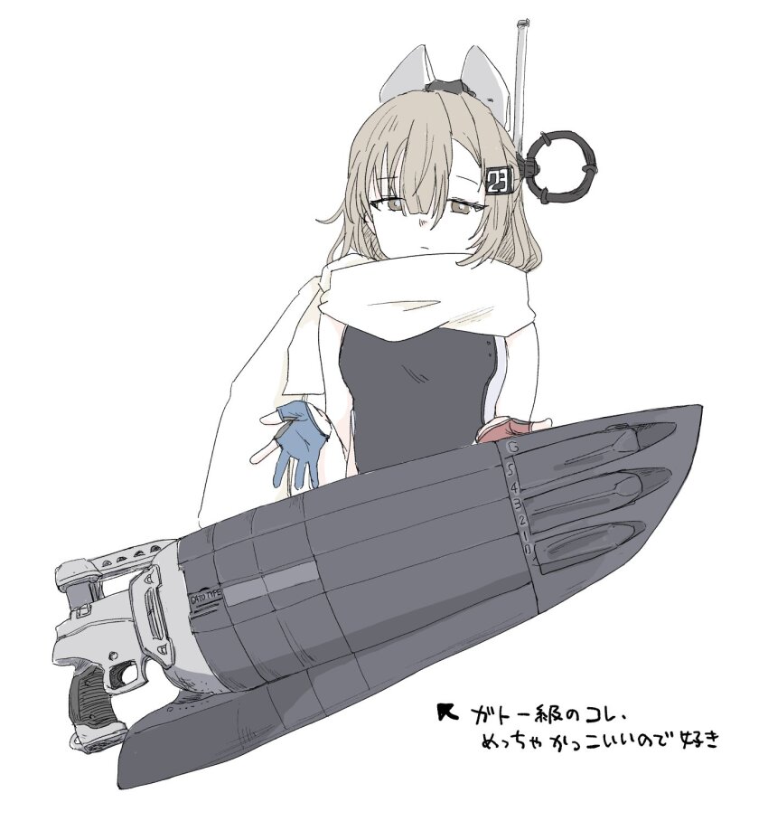 1girl blue_gloves breasts brown_eyes closed_mouth competition_swimsuit gloves halca_(technodrome) highres kantai_collection long_hair looking_at_viewer one-piece_swimsuit partially_fingerless_gloves red_gloves scarf simple_background small_breasts solo swimsuit torpedo_tubes two-tone_one-piece_swimsuit wahoo_(kancolle) white_background