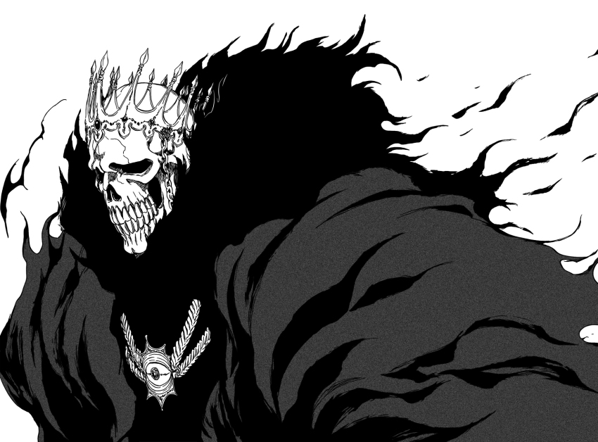 00s 1boy arrancar baraggan_louisenbairn bleach comic crown greyscale highres hollow_(bleach) kubo_tite male_focus monochrome number_tattoo resurreccion scan skull solo spoilers tattoo