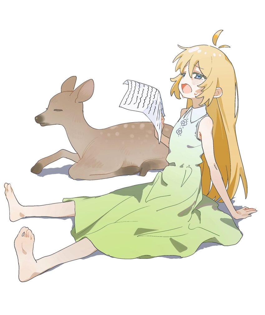 1girl absurdres ahoge bare_shoulders barefoot blonde_hair blue_eyes blush collared_dress deer dress green_dress hand_on_ground highres holding holding_paper koshi_torako kurobeko_(kur0bek0) long_hair open_mouth paper shikanoko_nokonoko_koshitantan simple_background sitting sleeveless sleeveless_dress soles solo sweat white_background