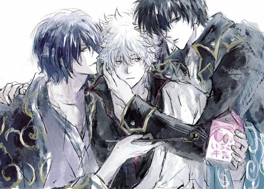 bandaged_head bandages black_hair black_haori black_jacket black_shirt boy_sandwich cigarette collared_jacket commentary commentary_request gintama grey_hair hadanugi_dousa hand_on_another&#039;s_shoulder haori highres hijikata_toushirou holding holding_milk_carton holding_smoking_pipe jacket japanese_clothes kimono kiseru lushu_kuye milk_carton mouth_hold open_kimono popped_collar purple_kimono sakata_gintoki sandwiched shirt smoking_pipe strawberry_milk takasugi_shinsuke white_kimono