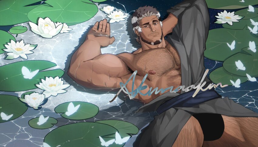 1boy akunaakun_(kunkun586586) arm_behind_head armpit_hair armpits artist_name bara beard biceps brown_eyes brown_hair bulge facial_hair flower gyee hairy highres japanese_clothes kimono large_pectorals looking_at_viewer lotus lotus_leaf lying male_focus male_swimwear manly mature_male multicolored_hair muscular muscular_arms muscular_legs muscular_male nipples on_back open_clothes outdoors pectorals scar signature smirk solo swim_briefs takashi_(gyee) thick_eyebrows thighs very_hairy water wet white_hair