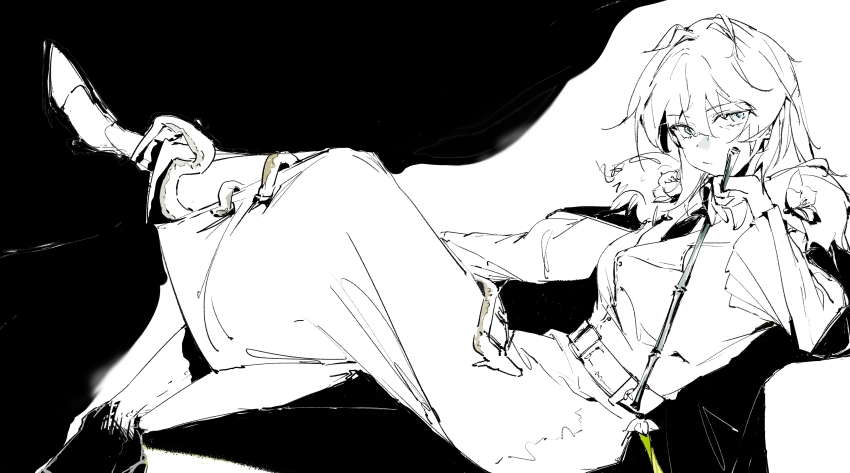 1girl absurdres artist_request blue_eyes commission fate/grand_order fate_(series) hair_between_eyes highres long_hair looking_at_viewer monochrome morgan_le_fay_(fate) second-party_source solo