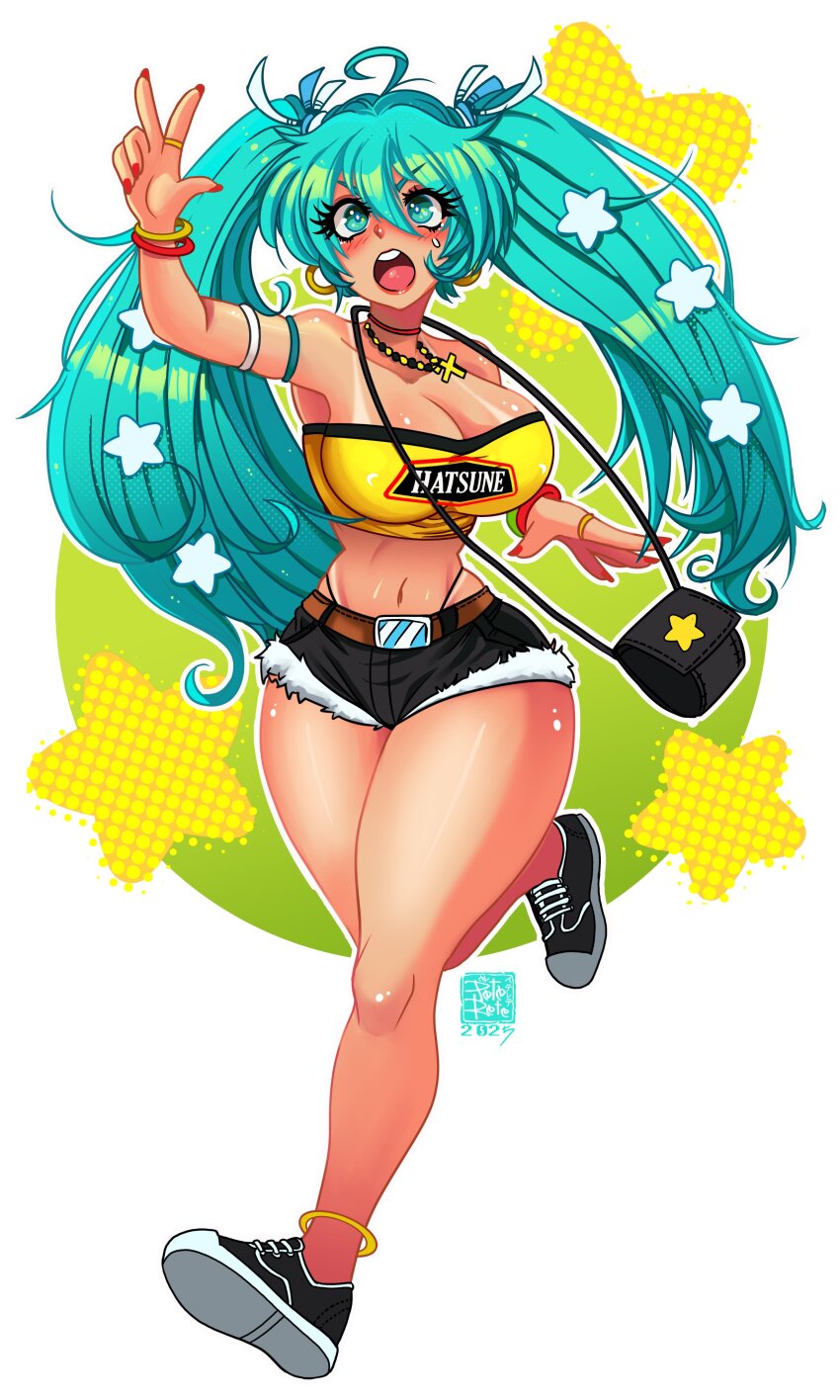 1girl absurdres anklet aqua_eyes aqua_hair armlet bag bare_shoulders belt bikini_tan black_shoes black_shorts blush bracelet breasts brown_belt choker cross cross_necklace ecuador hair_between_eyes hair_ornament hatsune_miku highres jewelry large_breasts long_hair midriff navel necklace open_mouth outline peterete red_choker red_nails ring running shoes short_shorts shorts shoulder_bag solo star_(symbol) star_hair_ornament strapless tan tanline tube_top twintails vocaloid white_outline worldwide_miku