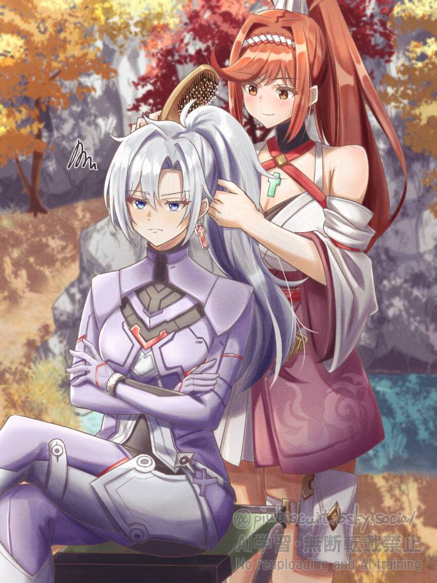 2girls a_(xenoblade) alternate_hairstyle armored_bodysuit armpit_crease artist_name asymmetrical_bangs blue_eyes bluesky_username blurry blurry_background blush breasts brushing_another&#039;s_hair brushing_hair cleavage closed_mouth commentary_request commission core_crystal_(xenoblade) crossed_arms earrings eyelashes frown glimmer_(xenoblade) grey_hair hair_brush high_ponytail highres holding holding_hair_brush jewelry large_breasts long_hair multiple_girls outdoors piubiscuit ponytail red_hair sitting skeb_commission smile squiggle standing v-shaped_eyebrows xenoblade_chronicles_(series) xenoblade_chronicles_3 xenoblade_chronicles_3:_future_redeemed yellow_eyes