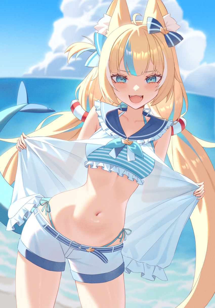 1girl :3 :d absurdres ahoge animal_ear_fluff animal_ears bikini bikini_under_clothes bikini_under_shorts blonde_hair blue_bikini blue_eyes blue_hair blue_sailor_collar blue_sky cat_ears commentary cowboy_shot day english_commentary fangs fins fish_girl fish_tail frilled_bikini frilled_shirt_collar frills halterneck highleg highleg_bikini highres indie_virtual_youtuber lifebuoy_hair_ornament long_hair looking_at_viewer low_twintails multicolored_hair navel ocean open_clothes open_mouth open_shirt outdoors sailor_collar sameko_saba shirt short_shorts shorts side-tie_bikini_bottom sky sleeveless sleeveless_shirt smile solo stomach streaked_hair swimsuit tail twintails very_long_hair virtual_youtuber white_shirt yubbiidraw