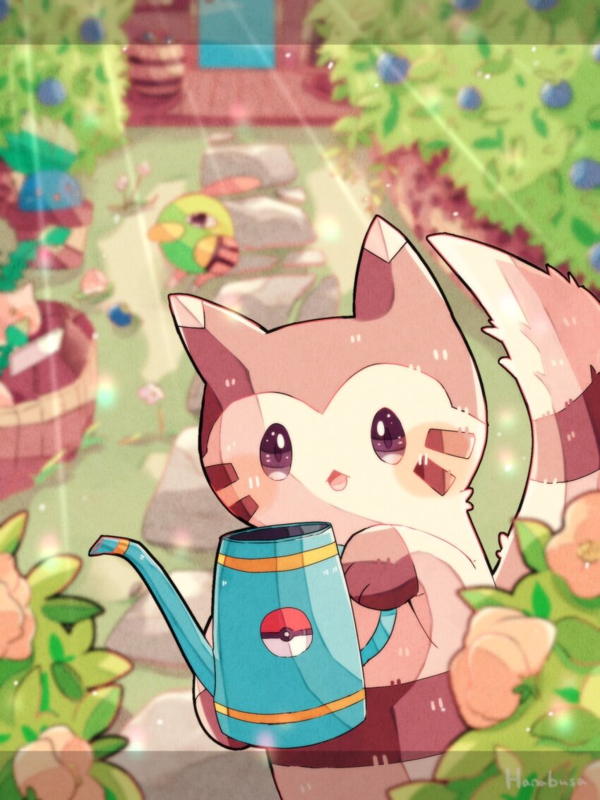 animal_focus bird blurry blurry_background brown_fur commentary_request flower furret gen_1_pokemon gen_2_pokemon hanabusaoekaki highres hoppip leaf letterboxed natu nintendo no_humans oddish open_mouth pink_flower pokemon pokemon_(creature) solid_oval_eyes sunlight two-tone_fur watering_can white_fur