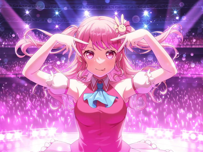1girl :p armpits ascot bang_dream! bare_shoulders blue_ascot blush concert cosplay detached_sleeves double_v dress frills glowstick hair_ornament hoshino_ai hoshino_ai&#039;s_pose hoshino_ai_(cosplay) idol idol_clothes long_hair maruyama_aya official_art oshi_no_ko pink_dress pink_eyes pink_hair pose_imitation rabbit_hair_ornament sidelocks sleeveless sleeveless_dress smile solo stage stage_lights third-party_source tongue tongue_out two_side_up upper_body v