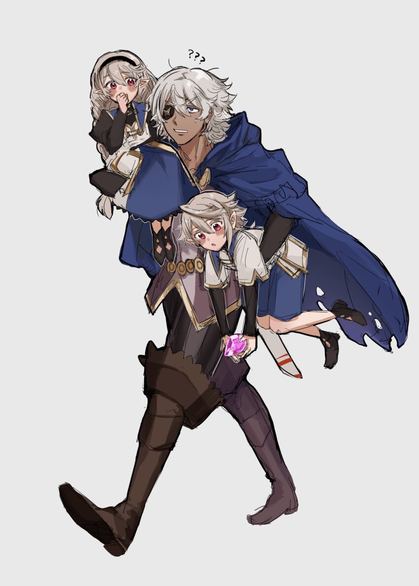 1girl 2boys aged_down black_hairband blue_hood braided_twintails carrying child_carry corrin_(female)_(fire_emblem) corrin_(female)_(young_kinship)_(fire_emblem) corrin_(fire_emblem) corrin_(male)_(fire_emblem) corrin_(male)_(young_kinship)_(fire_emblem) eyepatch fire_emblem fire_emblem_fates fire_emblem_heroes hairband highres matching_outfits mirror_twins multiple_boys neko_maru_1027 niles_(fire_emblem) nintendo pointy_ears white_hair