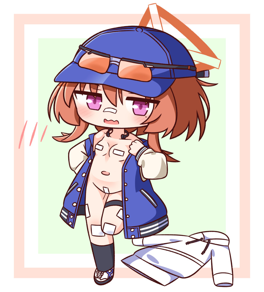 1girl baseball_cap black_socks blue_archive blue_hat blue_jacket blush breasts brown-tinted_eyewear brown_hair chibi drawstring eyewear_on_headwear full_body hair_between_eyes hana_kazari hat highres hood hood_down hoodie jacket kneehighs letterman_jacket looking_at_viewer maebari mole mole_under_eye naked_jacket navel open_clothes open_jacket open_mouth pasties purple_eyes rei_(blue_archive) shoes small_breasts socks solo standing standing_on_one_leg sunglasses tinted_eyewear unworn_hoodie wavy_mouth white_hoodie white_shoes