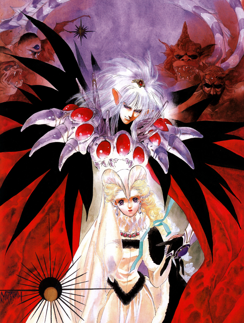 1boy 1girl 4others armor black_cape black_capelet black_cloak black_gloves blonde_hair blue_ribbon bone_armor bracelet breastplate bridal_veil cape capelet chest_armor circlet cloak closed_mouth crown demon dragon_quest dragon_quest_iv dress earrings elf fangs fur_cape gem gloves grey_hair highres holding_hands inomata_mutsumi jewelry long_hair multiple_others neck_ruff necklace people pisaro pointy_ears purple_eyes purple_sky red_background red_cape red_gemstone red_lips ribbon rosalie_(dq4) sharp_teeth shoulder_armor shoulder_pads shoulder_spikes silver_bracelet skeletal_armor sky smile spikes star_(symbol) teeth veil white_dress white_hair