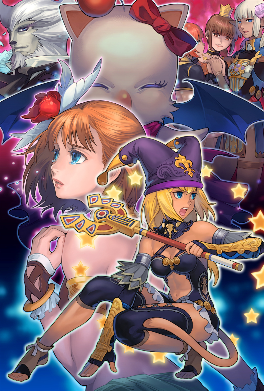 1boy 5girls bare_shoulders black_gloves blonde_hair blue_eyes breasts brown_hair cat_tail cleavage clothing_cutout commentary crown dark-skinned_female dark_skin elbow_gloves elf elvaan feather_hair_ornament feathers final_fantasy final_fantasy_xi fingerless_gloves flower galka gloves hair_flower hair_ornament hat highres hume jester_cap long_hair medium_breasts minagawa_fumio mini_crown mithra_(ff11) moogle multiple_girls mumor navel navel_cutout official_art open_mouth pointy_ears purple_flower purple_hat red_flower red_hair second-party_source short_hair star_(symbol) tail tears teeth uka_totlihn upper_teeth_only white_hair