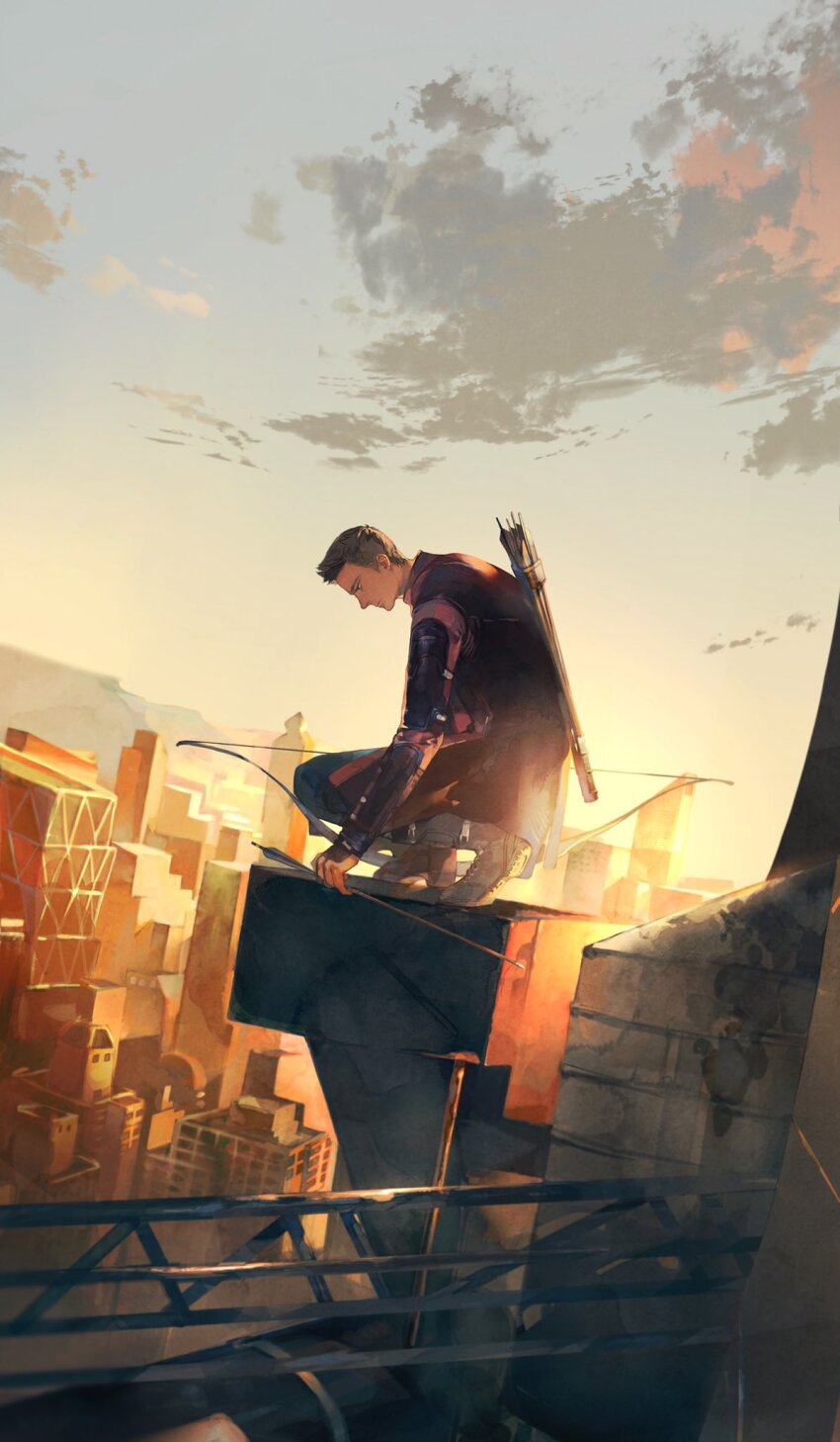 1boy arrow_(projectile) avengers_(series) black_jacket blue_pants blue_sky boots bow_(weapon) brown_eyes brown_hair building city clint_barton closed_mouth cloud cloudy_sky commentary_request grey_boots hawkeye_(marvel) highres holding holding_arrow holding_bow_(weapon) holding_weapon jacket long_sleeves looking_down marvel outdoors pants roku0180 short_hair sky skyscraper solo superhero_costume weapon