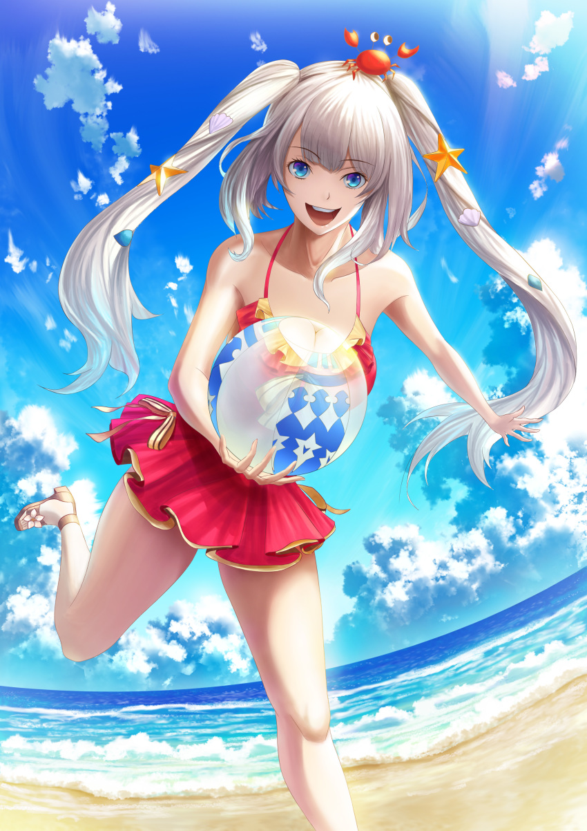 1girl absurdres aged_up ball beach beachball blue_eyes blue_sky breasts cleavage cloud collarbone day dutch_angle fate/grand_order fate_(series) female_focus from_below fujifuji924 highres large_breasts long_hair looking_at_viewer marie_antoinette_(fate) marie_antoinette_(swimsuit_caster)_(first_ascension)_(fate) ocean open_mouth red_skirt sand sandals shell_hair_ornament shore silver_hair skirt sky smile solo standing standing_on_one_leg starfish_hair_ornament swimsuit swimsuit_skirt thighs twintails