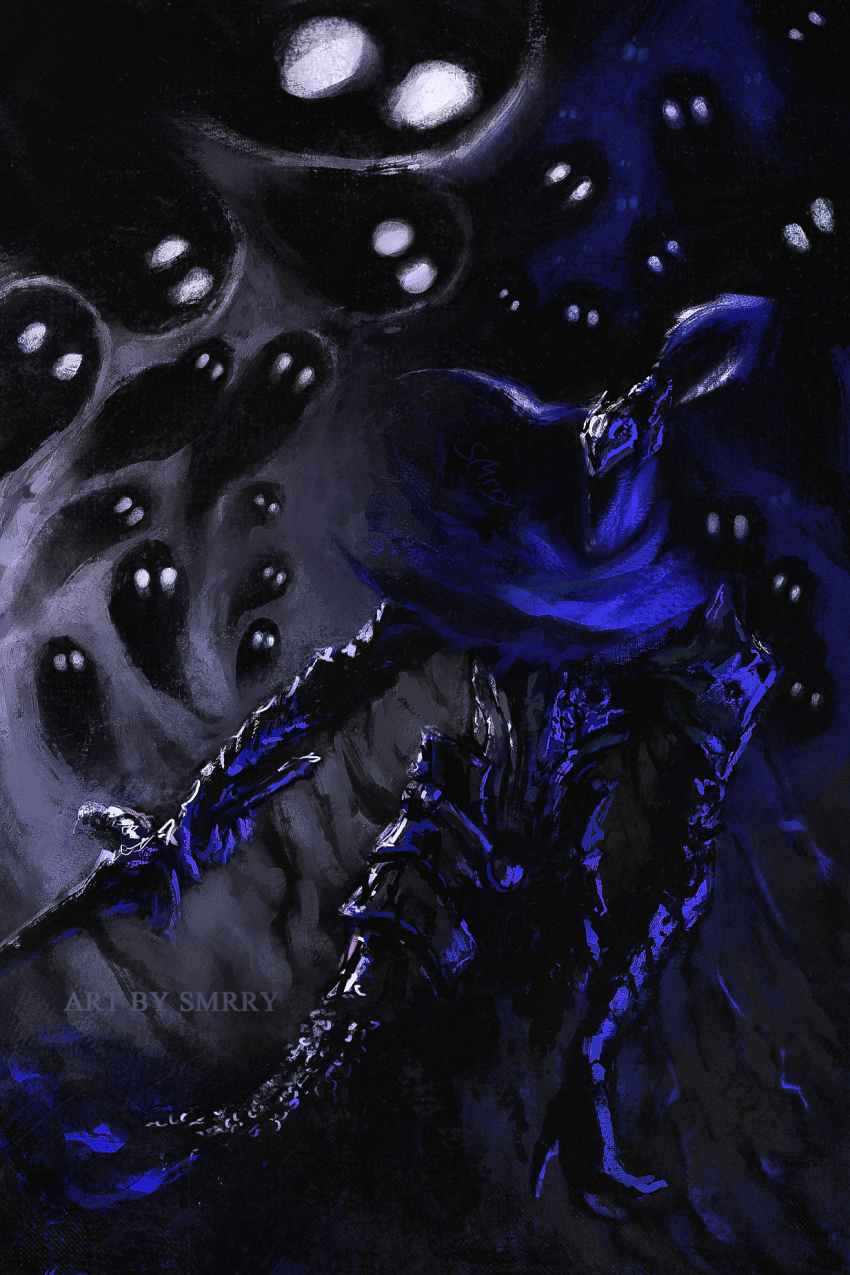 1boy armor artorias_the_abysswalker bloodexer breastplate cape creature dark_souls_(series) dark_souls_i full_armor gauntlets ghost grey_background helmet highres holding holding_sword holding_weapon humanity_(dark_souls) knight looking_at_another male_focus pauldrons plume shoulder_armor solo_focus standing sword weapon