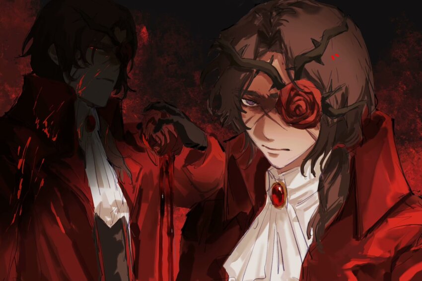 1boy ascot blood blood_on_clothes blood_on_face brown_hair closed_mouth coat collared_coat collared_shirt e.g.o_(project_moon) eyepatch flower glowing glowing_eyes heathcliff_(project_moon) highres holding holding_flower limbus_company ling_zhiyun long_hair low_ponytail multiple_views ponytail project_moon purple_eyes red_coat red_eyes red_flower red_rose rose shaded_face shirt white_ascot white_shirt yearning-mircalla_(e.g.o)