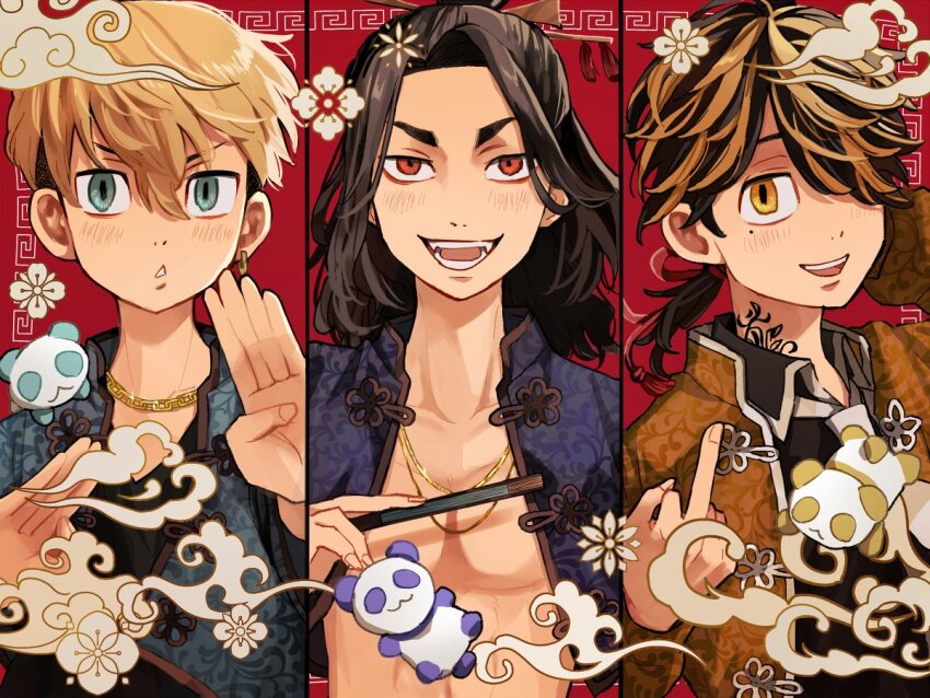 3boys baji_keisuke black_hair black_shirt blonde_hair blue_eyes blue_jacket brown_jacket chain chain_necklace chinese_clothes collared_shirt earrings hair_over_one_eye hand_fan hand_up hands_up hanemiya_kazutora holding holding_fan jacket jewelry long_hair long_sleeves looking_at_viewer male_focus matsuno_chifuyu middle_finger mole mole_under_eye multicolored_hair multiple_boys neck_tattoo necklace open_clothes open_jacket open_mouth ponytail red_background red_eyes shirt short_hair single_earring smile tattoo tokyo_revengers tonshi two-tone_hair undercut upper_body yellow_eyes