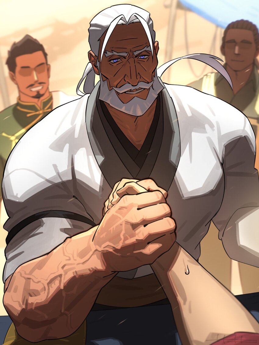 3boys arm_wrestling bara beard blue_eyes blurry blurry_background connected_beard facial_hair goatee highres jp_(street_fighter) multiple_boys muscular muscular_male mustache old old_man ponytail sa1k0p shirt short_sleeves street_fighter street_fighter_6 veins veiny_arms white_hair white_shirt
