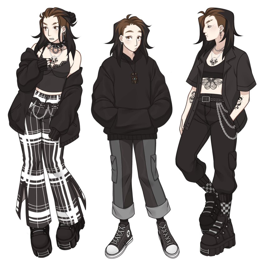 1girl :/ arm_tattoo black_hair black_hoodie black_jacket black_shoes black_sports_bra black_sweater body_freckles breasts brown_eyes brown_hair cargo_pants chain chain_necklace checkered_clothes checkered_socks chest_tattoo cleavage collar commentary converse cross cross_earrings ear_piercing earrings english_commentary freckles frown gluca grey_pants hand_in_pocket highres hood hooded_sweater hoodie jacket jewelry lanyard mole mole_above_mouth multicolored_hair necklace pants piercing real_life self-portrait shoes small_breasts sneakers spiked_collar spikes sports_bra stomach_tattoo streaked_hair striped_clothes striped_pants sweater tattoo two-tone_hair vertical-striped_clothes vertical-striped_pants
