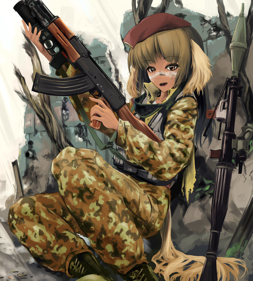 1girl 40mm_grenadier ak-47 alf874 animal_ears arsenal_ad assault_rifle bad_id bad_pixiv_id beret boots camouflage caseless_firearm combat_vest female_focus gp-25 grenade_launcher gun hat high-explosive_anti-tank_(warhead) highres izhmash kalashnikov_concern kalashnikov_rifle left-handed man-portable_anti-tank_systems military military_combat_uniform military_operator military_uniform original rifle rocket-propelled_grenade rocket_(projectile) rocket_launcher rpg rpg-7 rpg_(weapon) russian_text sitting solo stc_delta tail tskib_soo underbarrel_grenade_launcher weapon zastava_arms