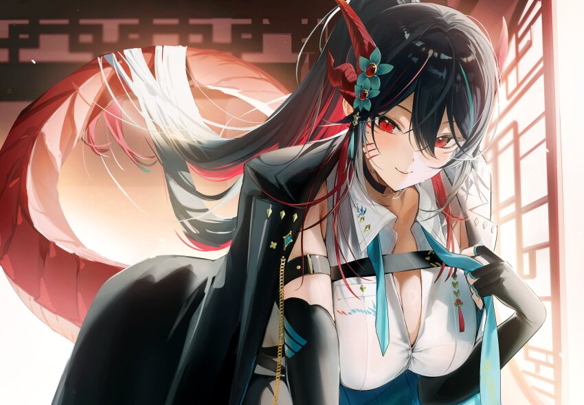 1girl absurdres all_fours aqua_necktie arm_strap black_choker black_coat black_gloves black_hair breasts chest_strap choker cleavage coat coat_on_shoulders colored_inner_hair double-parted_bangs dragon_girl dragon_horns dragon_tail elbow_gloves facial_mark fingerless_gloves gloves hair_flowing_over hair_ornament hajikami_eleme highres horns indie_virtual_youtuber indoors lapel_chain large_breasts long_hair looking_at_viewer mayutsuba_mono multicolored_hair necktie red_eyes red_hair shirt sidelighting sleeveless sleeveless_shirt smile solo sunlight tail undone_necktie very_long_hair virtual_youtuber white_shirt