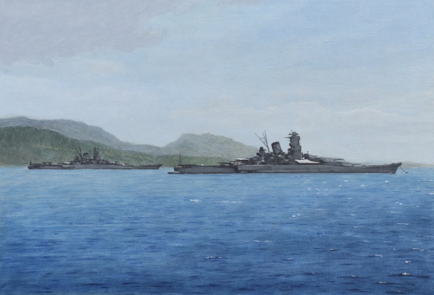 absurdres acrylic_paint_(medium) atelier_bono battleship cannon highres imperial_japanese_navy island military_vehicle musashi_(battleship) no_humans ocean original painting_(medium) photo-referenced scenery ship ship_turret sky smokestack traditional_media vehicle_focus warship watercraft yamato_(battleship)
