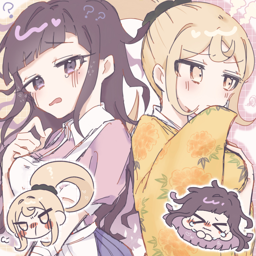 2girls ? absurdres apron beri_ame black_scrunchie blonde_hair blush breasts chibi collared_shirt d: danganronpa_(series) danganronpa_2:_goodbye_despair floral_print hair_ornament hair_scrunchie highres japanese_clothes kimono large_breasts long_hair multiple_girls open_mouth orange_kimono pink_shirt pleated_skirt puffy_short_sleeves puffy_sleeves saionji_hiyoko scrunchie shirt short_sleeves skirt tsumiki_mikan two-tone_shirt upper_body white_apron