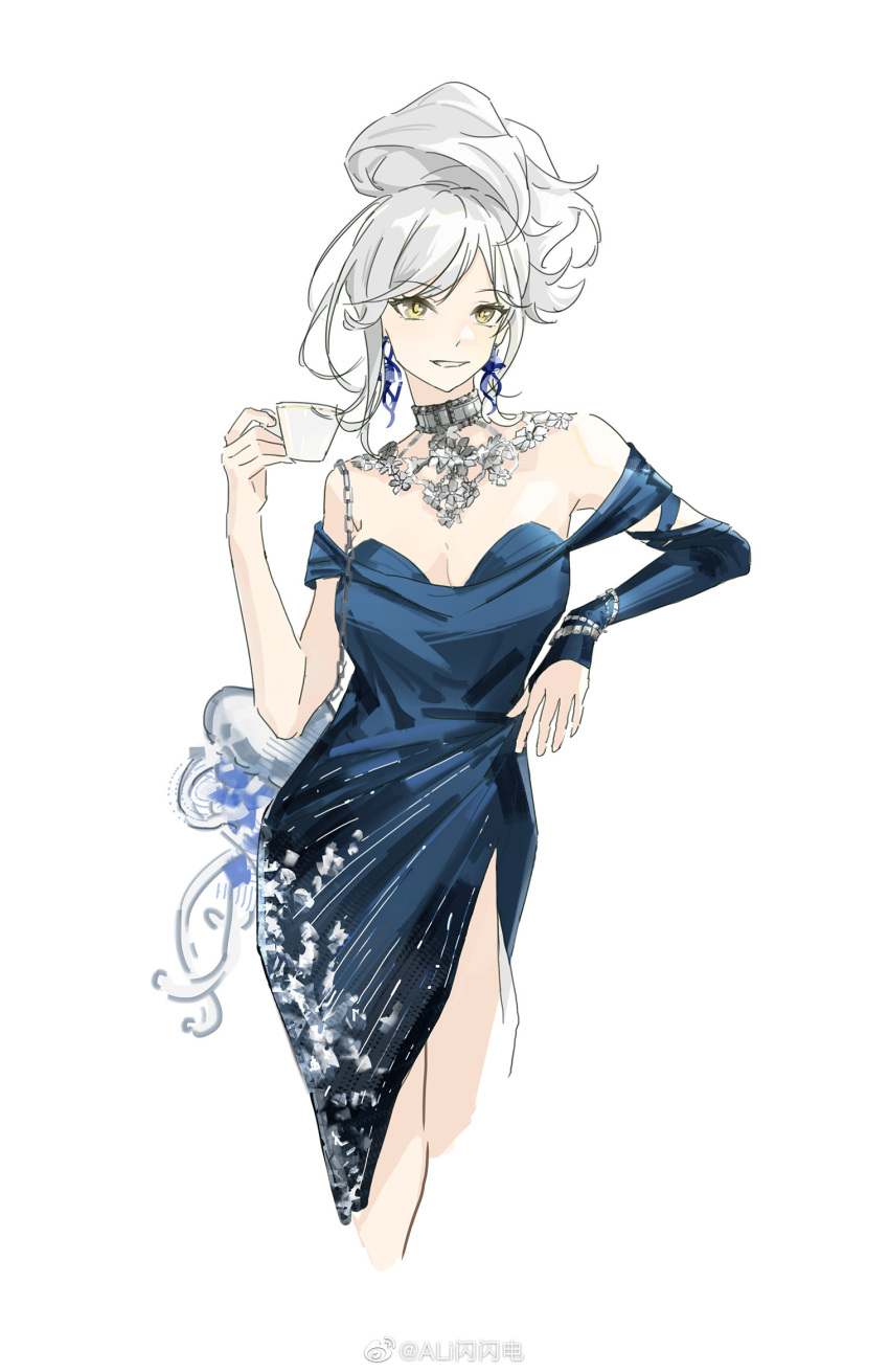 1girl ali_shanshandian bare_shoulders blue_dress cowboy_shot cropped_legs cup dress eternity_(reverse:1999) grin hand_up high_ponytail highres holding holding_cup jellyfish_earrings jewelry long_dress looking_at_viewer medium_hair necklace off_shoulder ponytail reverse:1999 side_slit smile solo watermark weibo_watermark white_background white_hair yellow_eyes