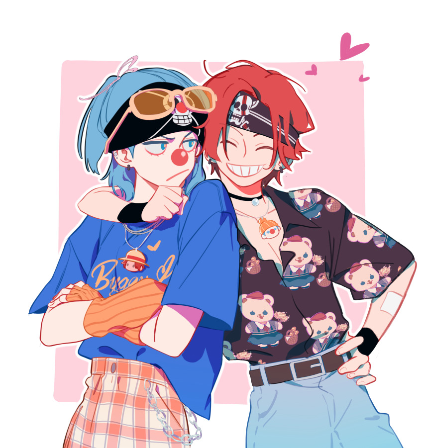 2boys :/ ^_^ absurdres aged_down arm_around_neck belt belt_buckle black_belt blue_pants blue_shirt buckle buggy_the_clown chain character_charm charm_(object) chinese_commentary closed_eyes closed_mouth clown_nose collared_shirt commentary_request cowboy_shot crossed_arms denim ear_piercing earrings eyewear_on_head fingerless_gloves galiguomin gauze gauze_on_arm gloves grin hand_on_own_hip headband heart highres jeans jewelry jitome jolly_roger looking_at_another lower_eyelashes_only male_focus multiple_boys necklace one_piece open_collar pants piercing plaid_clothes plaid_pants ponytail print_shirt red_hair shanks_(one_piece) shirt shirt_tucked_in short_hair sideburns smile standing sunglasses teeth wing_collar yellow-framed_eyewear