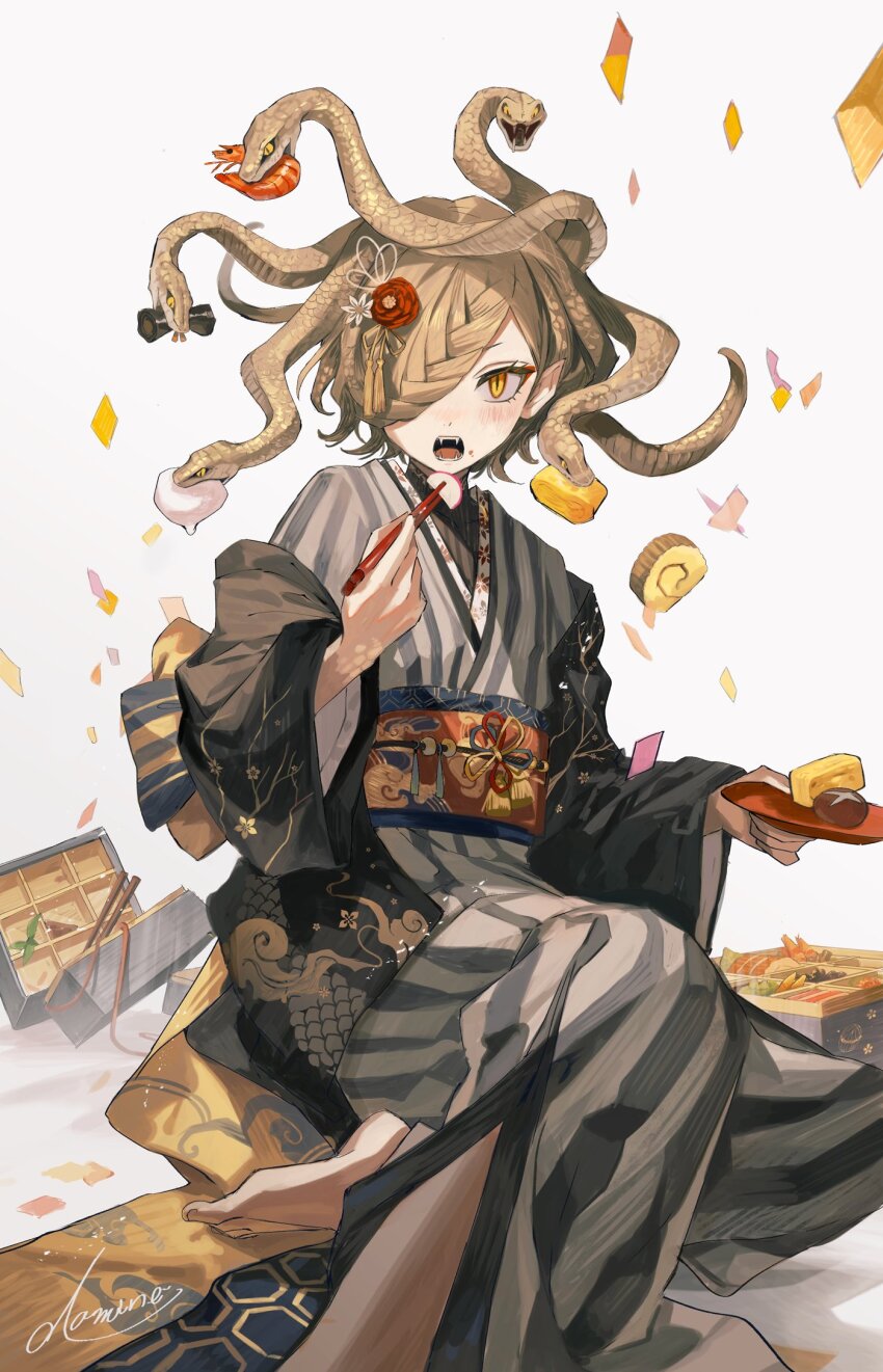 1girl barefoot bento black_robe blonde_hair chopsticks commentary_request eating fangs flower food food_on_face food_request hair_flower hair_ornament hair_over_one_eye highres holding holding_chopsticks holding_plate japanese_clothes kamaboko kimono light_blush long_sleeves looking_at_viewer mochi mushroom obi off_shoulder omelet open_mouth original ozaki_domino plate radish red_flower robe sash shiitake shrimp shrimp_tempura signature sitting slit_pupils snake_hair solo tamagoyaki tempura wide_sleeves yellow_eyes
