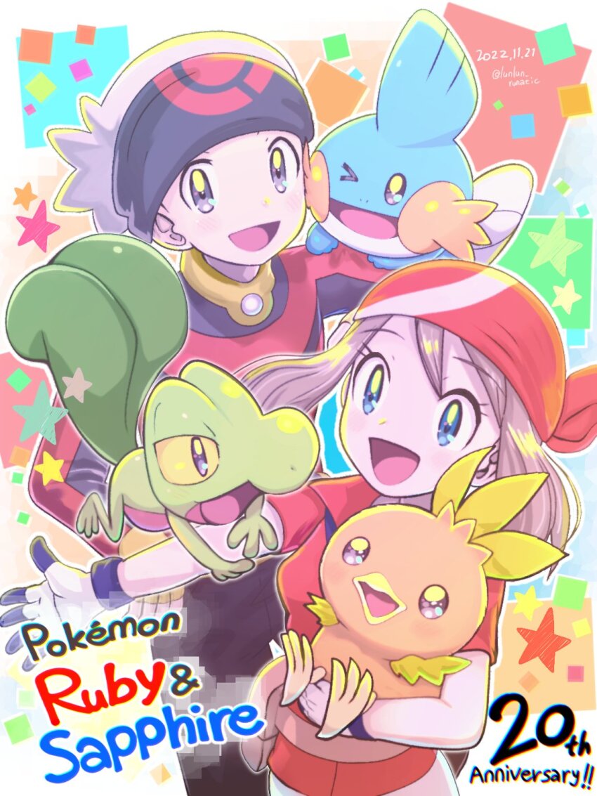 1boy 1girl :d anniversary bandana black_gloves blue_eyes brendan_(pokemon) brown_hair commentary_request dated eyelashes gen_3_pokemon gloves grey_eyes hat highres holding holding_pokemon long_sleeves looking_at_viewer may_(pokemon) mudkip nintendo on_shoulder open_mouth pokemon pokemon_(creature) pokemon_on_arm pokemon_on_shoulder pokemon_rse red_bandana red_shirt runachikku shirt short_hair short_sleeves smile star_(symbol) torchic treecko twitter_username two-tone_gloves white_gloves white_hat