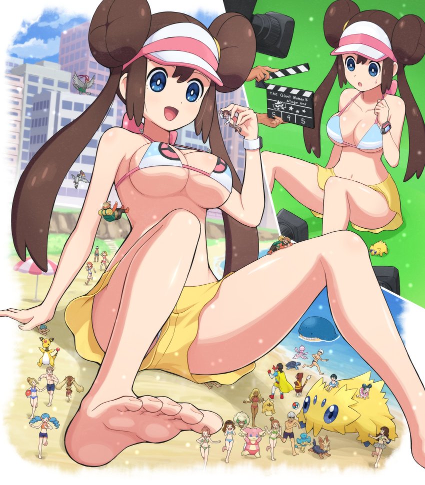 &gt;_&lt; 6+boys 6+girls :d absurdres ace_trainer_(pokemon) ampharos ball barefoot beach beach_umbrella beachball between_fingers bikini bikini_top_only blonde_hair breasts brown_hair building cape cleavage clenched_hand closed_mouth clothed_pokemon cloud collarbone commentary_request dark-skinned_female dark_skin day eyewear_on_head feet fleeing frillish frillish_(female) gen_1_pokemon gen_2_pokemon gen_3_pokemon gen_4_pokemon gen_5_pokemon giant giantess grey_skirt hair_tie hand_up herdier highres hiker_(pokemon) holding joltik knees lass_(pokemon) long_hair looking_back lopunny lure_ball multiple_boys multiple_girls navel nintendo office_worker_(pokemon) open_mouth panpour pantyhose pink_bikini pleated_skirt poke_ball pokemoa pokemon pokemon_(creature) pokemon_bw pokemon_oras pokemon_swsh pokemon_xy pokestar_studios psyduck riding riding_pokemon rosa_(pokemon) running sand shiny_skin shore short_hair shorts sidelocks skirt sky smile soles spread_legs star_(symbol) sunglasses sweatdrop swim_cap swimmer_(pokemon) swimsuit tirtouga toes tongue tranquill tuber_(pokemon) twintails two-tone_headwear umbrella upshorts visor_cap wailmer watchog water whimsicott yellow_cape yellow_shorts