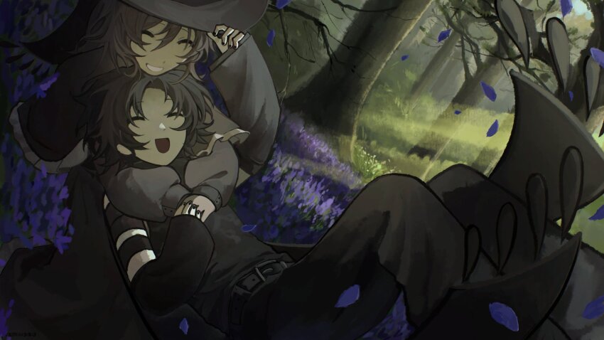1boy 1other arm_up azure_(forsaken) black_capelet black_dress black_hair black_nails black_pants black_scarf black_shirt capelet closed_eyes dappled_sunlight day dress flower forest forsaken_(roblox) grin hat highres kamwaao legs_up nature open_mouth outdoors pants parted_bangs purple_flower roblox scarf shirt smile sunlight two_time_(forsaken) witch_hat