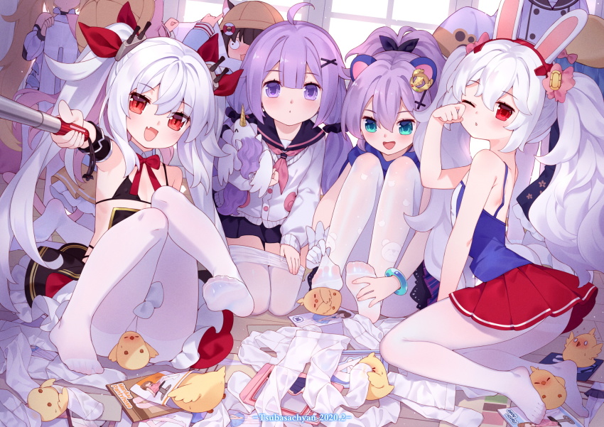 6+girls :d ahoge akashi_(azur_lane) animal_ear_fluff animal_ears azur_lane bare_shoulders bikini black_bikini black_dress black_ribbon black_sailor_collar black_scrunchie black_skirt blue_eyes blue_shirt blue_skirt blush camisole cardigan cat_ears cat_girl cat_tail clothes_pull commentary_request covered_erect_nipples crown detached_sleeves dress ears_through_headwear eldridge_(azur_lane) fang feet_on_toy foreshortening hair_ornament hair_ribbon hair_scrunchie hairclip hat high_ponytail highres holding indoors javelin_(azur_lane) kindergarten_uniform kisaragi_(azur_lane) laffey_(azur_lane) lifebuoy long_hair long_sleeves looking_at_viewer manjuu_(azur_lane) minazuki_(azur_lane) mini_crown multiple_girls mutsuki_(azur_lane) mutsuki_face_(azur_lane) no_shoes one_eye_closed open_mouth outstretched_arm pantyhose pantyhose_pull parted_lips pleated_skirt ponytail puffy_long_sleeves puffy_sleeves purple_eyes purple_hair red_eyes red_ribbon red_skirt ribbon rubbing_eyes sailor_collar sailor_dress school_hat school_uniform scrunchie serafuku shirt skirt sleeveless sleeveless_dress sleeves_past_wrists smile soles stuffed_animal stuffed_toy stuffed_winged_unicorn swim_ring swimsuit tail tilted_headwear tsubasa_tsubasa twintails unicorn_(azur_lane) unicorn_(long-awaited_date)_(azur_lane) unworn_pantyhose vampire_(azur_lane) very_long_hair white_camisole white_cardigan white_dress white_hair white_legwear white_sleeves window x_hair_ornament yellow_headwear yellow_shirt