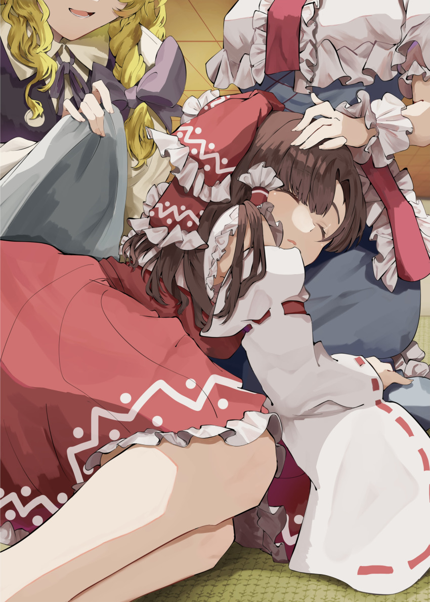 3girls absurdres alice_margatroid black_vest blanket blonde_hair blue_dress bow braid brown_hair capelet closed_eyes closed_mouth commentary_request covering_with_blanket detached_sleeves dress eyes_out_of_frame frilled_bow frilled_hair_tubes frills hair_bow hair_tubes hakurei_reimu hand_on_another&#039;s_head head_out_of_frame highres holding holding_blanket jingai_(k1bun) kirisame_marisa lap_pillow long_hair multiple_girls neck_ribbon on_floor open_mouth purple_ribbon red_bow red_shirt red_skirt ribbon ribbon-trimmed_sleeves ribbon_trim shirt sitting skirt skirt_set sleeping smile touhou vest wariza white_capelet white_shirt wrist_cuffs