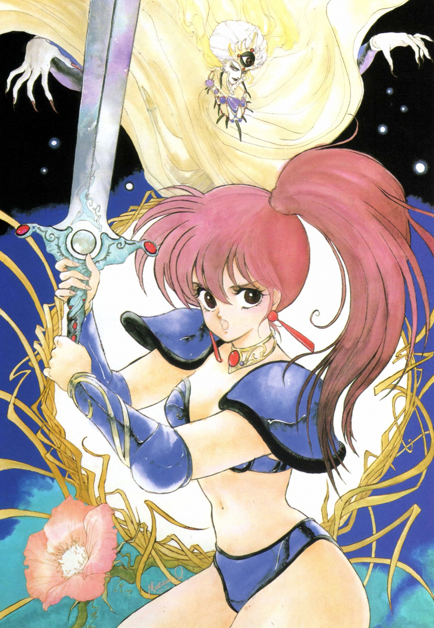 1980s_(style) 1girl armor asagiri_youko bikini_armor bracer colored_skin female_focus fingernails flower genmu_senki_leda high_side_ponytail highres holding holding_sword holding_weapon inomata_mutsumi jewelry long_hair navel necklace official_art oldschool open_mouth pauldrons ponytail red_hair retro_artstyle sharp_fingernails shoulder_armor solo sword turban two-handed weapon white_skin
