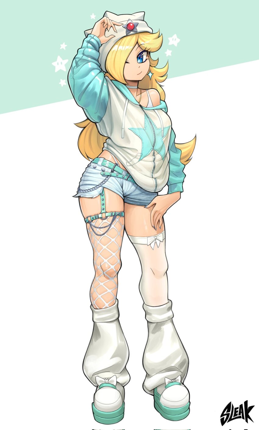 1girl alternate_costume arm_up blonde_hair blue_eyes bra_strap choker closed_mouth corrupted_twitter_file denim denim_shorts earrings full_body highres hood hoodie jewelry long_sleeves looking_at_viewer mario_(series) nintendo rosalina short_shorts shorts sleak solo white_choker