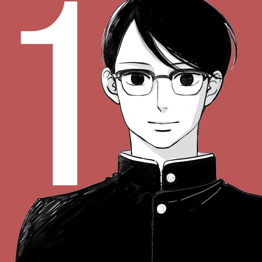 1boy gakuran glasses grey_background greyscale_with_colored_background highres kodama_yuki male_focus monochrome nishimi_kaoru official_art red_background sakamichi_no_apollon school_uniform short_hair smile solo upper_body