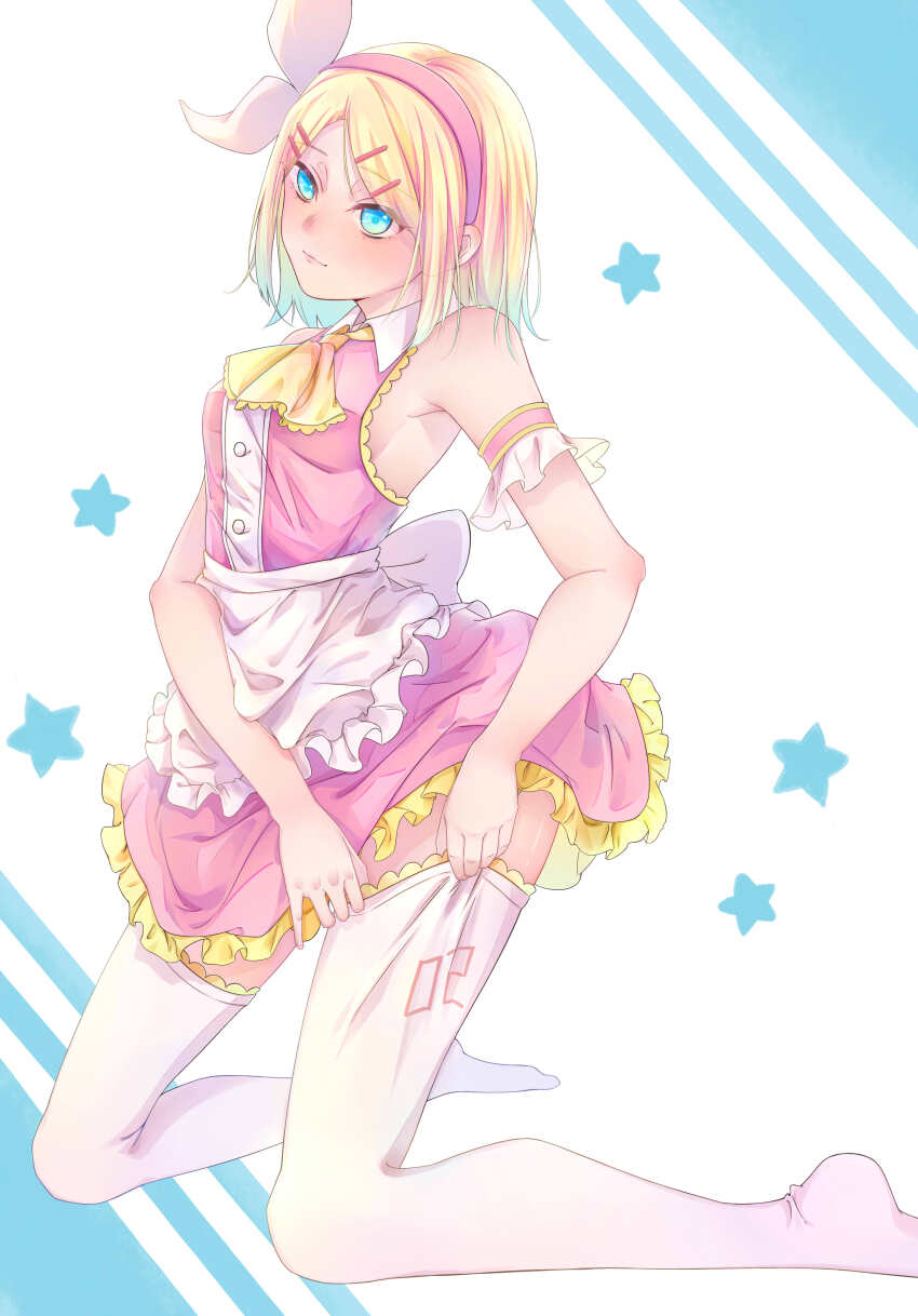 1girl apron blonde_hair blue_eyes blush bow buttons collar dress female_focus frills hairband kagamine_rin neckerchief numbered pink_dress short_hair sleeveless solo solo_focus star_(symbol) star_print thighhighs vocaloid yellow_neckerchief
