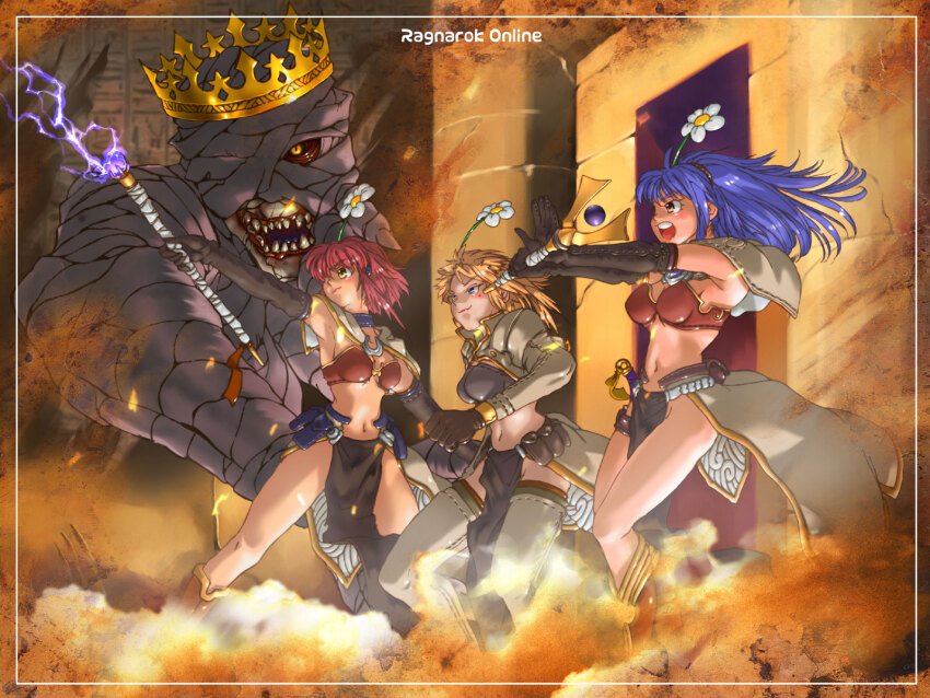 3girls battle belt belt_pouch black_bra black_gloves black_sclera blonde_hair blue_choker blue_eyes blue_hair boots bra breasts brown_eyes capelet character_request choker cleavage closed_mouth colored_sclera commentary copyright_name cropped_jacket crown elbow_gloves electricity flower flower_hairband giant gloves hairband highres holding holding_staff indoors jacket kainan loincloth long_hair mage_(ragnarok_online) medium_breasts medium_hair mole mole_under_eye monster multiple_girls mummy one_eye_covered open_clothes open_jacket open_mouth orb osiris_(ragnarok_online) outstretched_arm pink_hair pouch ragnarok_online red_bra sand sharp_teeth short_hair smile staff standing teeth thighhighs thighs underwear white_capelet white_flower white_thighhighs yellow_eyes