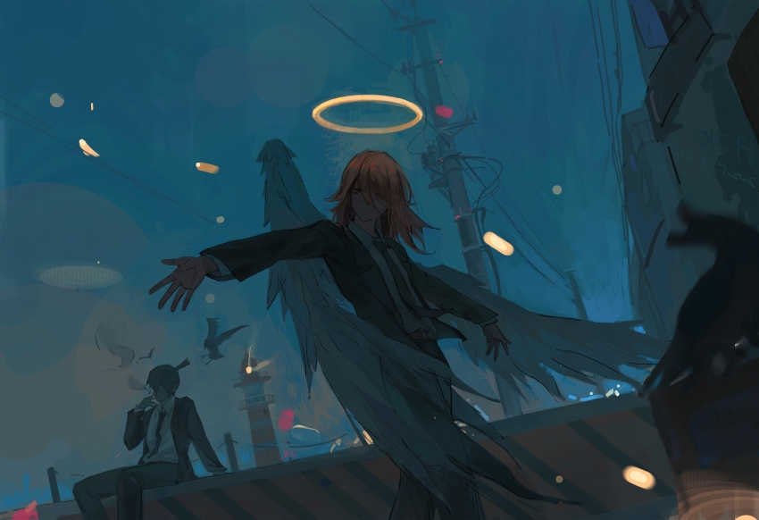 2boys absurdres angel_devil_(chainsaw_man) angel_wings belt black_hair black_jacket black_necktie black_pants chainsaw_man chinese_commentary cigarette collared_shirt commentary_request hair_between_eyes halo hayakawa_aki highres holding holding_cigarette jacket lighthouse limit932 long_hair male_focus multiple_boys necktie open_clothes open_jacket outstretched_arms pants power_lines shirt short_hair sitting smoke smoking spread_arms standing topknot traditional_halo utility_pole white_shirt white_wings wings