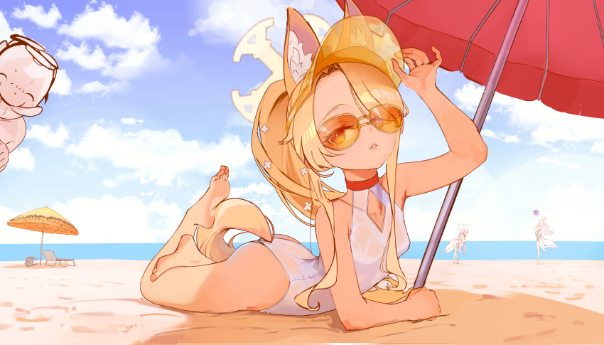 1girl 3girls absurdres adjusting_clothes adjusting_headwear animal_ear_fluff animal_ears arched_back ass bare_arms bare_legs bare_shoulders barefoot beach beach_chair beach_umbrella blonde_hair blue_archive blue_sky breasts clothing_cutout cloud collarbone covered_navel cross_halo diamond_cutout doodle_sensei_(blue_archive) eyes_visible_through_hair feet flower fox_ears fox_girl fox_tail hair_flower hair_ornament hair_over_one_eye hair_over_shoulder halo hand_up highleg highleg_one-piece_swimsuit highres lipstick loli long_hair long_sidelocks looking_at_another looking_at_viewer lying makeup mika_(blue_archive) mika_(swimsuit)_(blue_archive) multiple_girls nagisa_(blue_archive) nagisa_(swimsuit)_(blue_archive) no_jacket ocean official_alternate_costume official_alternate_hairstyle on_ground on_stomach one-piece_swimsuit orange-tinted_eyewear outdoors parted_lips qweeliart see-through_clothes seia_(blue_archive) seia_(swimsuit)_(blue_archive) sensei_(blue_archive) shade side_ponytail sidelocks sky small_breasts soles sun sunglasses sunlight swimsuit tail the_pose thighs tinted_eyewear toes umbrella very_long_hair visor_cap wet wet_clothes wet_swimsuit white_one-piece_swimsuit yellow_halo yellow_visor