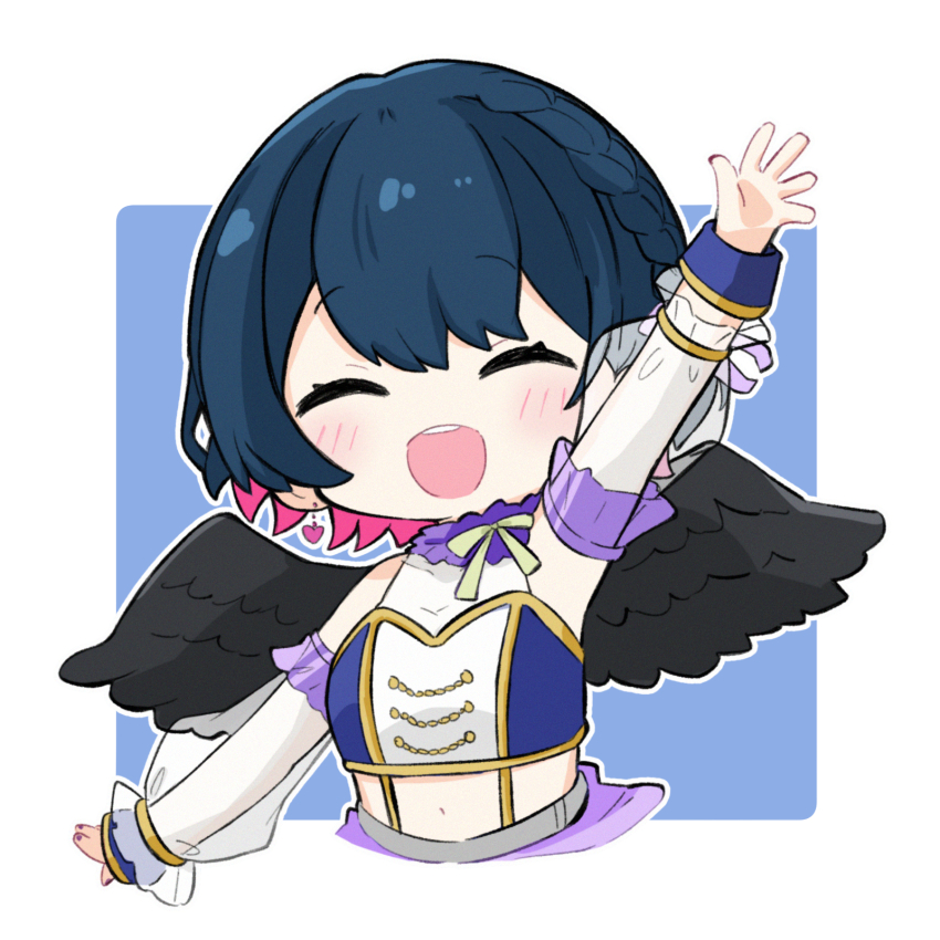 1girl :d ^_^ arm_up bare_shoulders black_wings blue_background blush braid breasts chibi closed_eyes commentary crop_top cropped_torso detached_sleeves earrings facing_viewer feathered_wings hair_between_eyes heart heart_earrings highres jewelry long_sleeves medium_breasts midriff multicolored_hair navel nijisanji nozo_(hitomiz) open_mouth outline pink_hair puffy_long_sleeves puffy_sleeves see-through_clothes see-through_sleeves smile solo two-tone_background two-tone_hair upper_body virtual_youtuber white_background white_outline wings yamagami_karuta