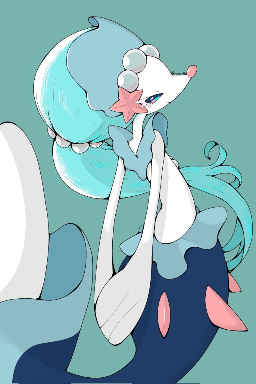 1girl animal_hands bad_tag blue_background blue_eyes blue_hair closed_mouth colored_eyelashes creatures_(company) furry furry_female game_freak gem gen_7_pokemon highres long_hair looking_at_viewer mermaid monster_girl multi-tied_hair negoto_o0zz nintendo pearl_(gemstone) pearl_hair_ornament pokemon pokemon_(creature) primarina sea_lion simple_background smile snout solo standing starfish_hair_ornament upper_body white_fur